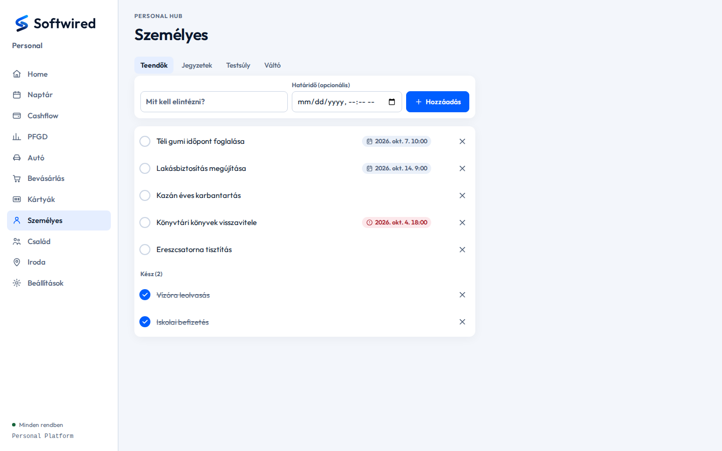 Személyes – teendők, jegyzetek, testsúly – Asztali nézet